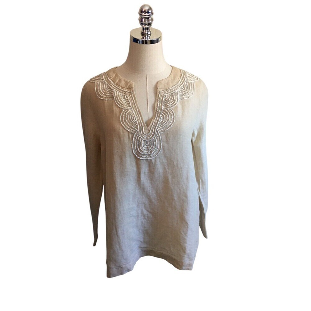 Vineyard Vines Beige Linen Cotton Top Size Small Women's Shirt Boho Quiet Luxury